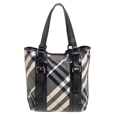 Pre-owned Burberry Black Beat Check Nylon And Patent Leather Small Lowry Tote