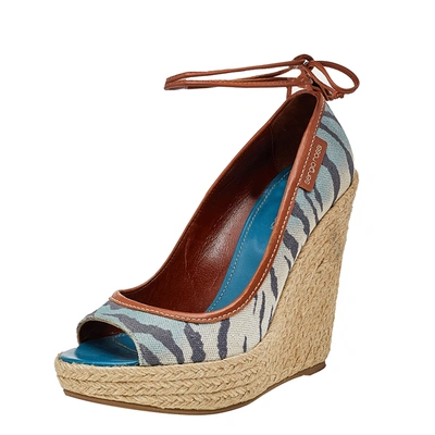 Pre-owned Sergio Rossi Multicolor Printed Canvas And Leather Espadrille Platform Wedge Pumps Size 37.5