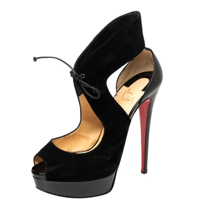 Pre-owned Christian Louboutin Black Suede Lace-up Peep-toe Ankle Pumps Size 39