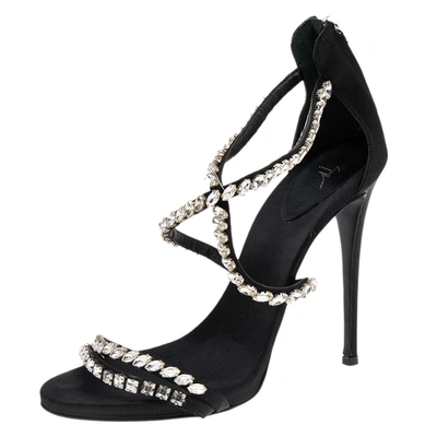 Pre-owned Giuseppe Zanotti Black Satin Crystal Embellished Strappy Zipper Sandals Size 39