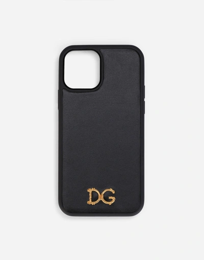 Dolce & Gabbana Calfskin Iphone 12 Pro Max Cover With Baroque Dg Logo In Black
