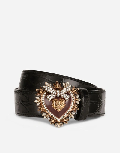 Dolce & Gabbana Crocodile Flank Leather Devotion Belt In Black