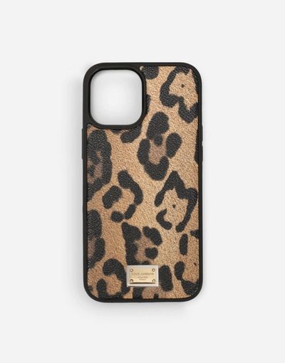 Dolce & Gabbana Iphone 12 Pro Max Cover In Leopard-print Crespo With Branded Plate In Multicolor