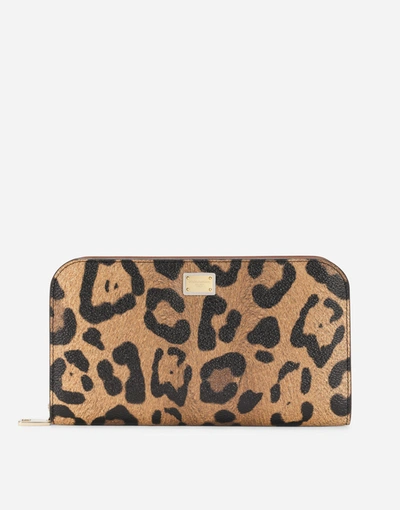 Dolce & Gabbana Leopard-print Crespo Zip-around Wallet With Branded Plate In Multicolor