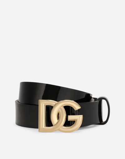 Dolce & Gabbana Kids' Patent Leather Belt With Dg Logo In Black