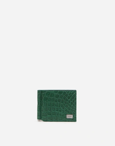 Dolce & Gabbana Crocodile Bifold Wallet With Money Clip And Branded Tag In Green