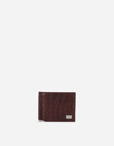 Dolce & Gabbana Crocodile Bifold Wallet With Moneyclip And Branded Tag In Bordeaux