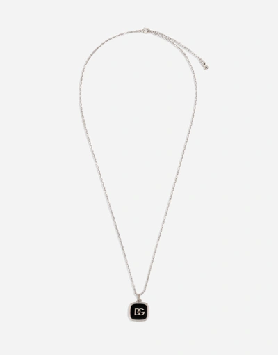 Dolce & Gabbana Necklace With Enameled Dg Logo Pendant In Silver