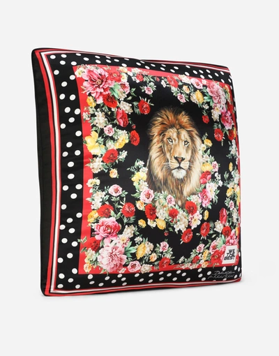 Dolce & Gabbana Printed Silk Pillow With Lion Mix Embroidery In Multicolor