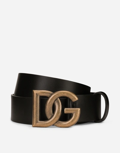 Dolce & Gabbana Lux Leather Belt With Crossover Dg Logo Buckle In Black