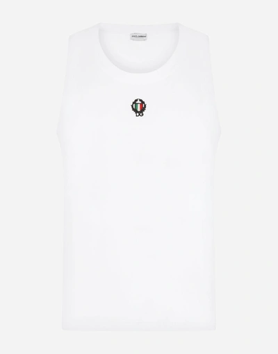 Dolce & Gabbana Two-way Stretch Cotton Singlet With Patch In Optical_white