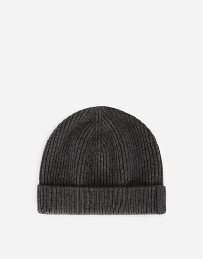 Dolce & Gabbana Knit Wool Hat With Leather Logo In Grey