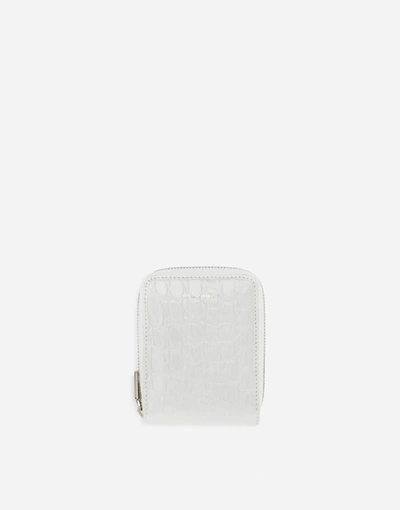 Dolce & Gabbana Shiny Crocodile Flank Leather Wallet With Strap And Heat-stamped Logo In White/blue