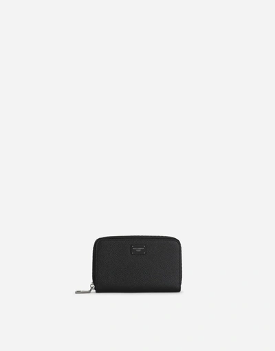 Dolce & Gabbana Mini Dauphine Calfskin Zip-around Wallet With Branded Plate In Black