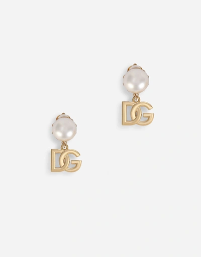 Dolce & Gabbana Clip-on Earrings With Pearls And Dg Logo Pendants In Gold