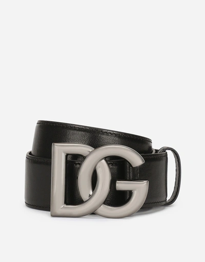 Dolce & Gabbana Calfskin Belt With Crossover Dg Buckle Logo In Black
