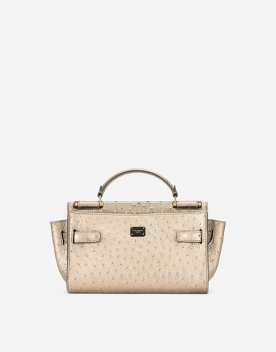 Dolce & Gabbana Small Metallic Ostrich Leather Sicily 62 Soft Bag In Grey