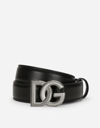 Dolce & Gabbana Calfskin Belt With Crossover Dg Buckle Logo In Multicolor