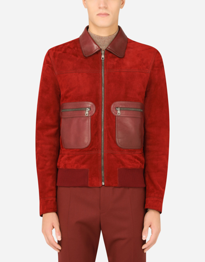 Dolce & Gabbana Two-tone Zip Leather Jacket In Bordeaux