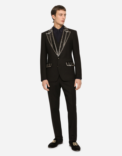 Dolce & Gabbana Three-piece Stretch Wool Sicilia-fit Suit With Rhinestones In Black