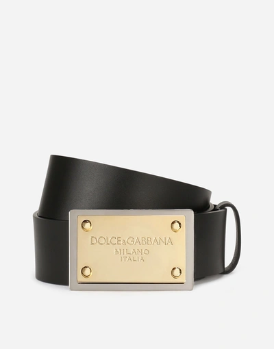Dolce & Gabbana Lux Leather Belt With Branded Buckle In Black
