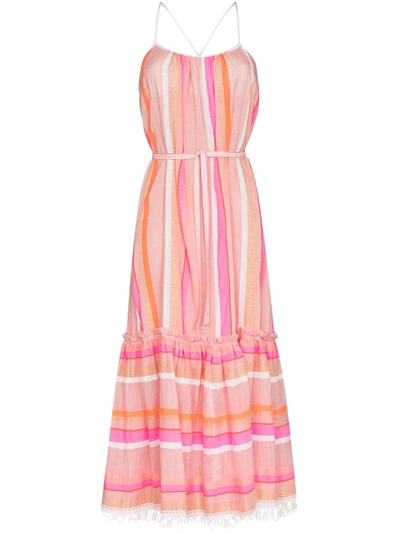 Lemlem Jikirti Belted Fringed Striped Cotton-blend Gauze Midi Dress In Pink