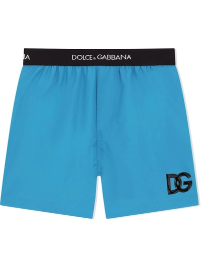 Dolce & Gabbana Kids' Nylon Swim Trunks With Branded Elastic In Azure