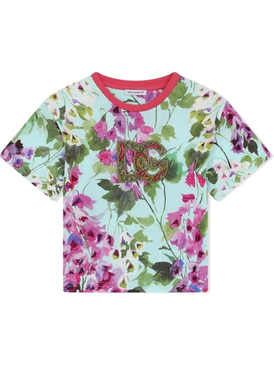 Dolce & Gabbana Kids Cotton Floral Logo T-shirt (8-12 Years) In Azurra Floral Pri