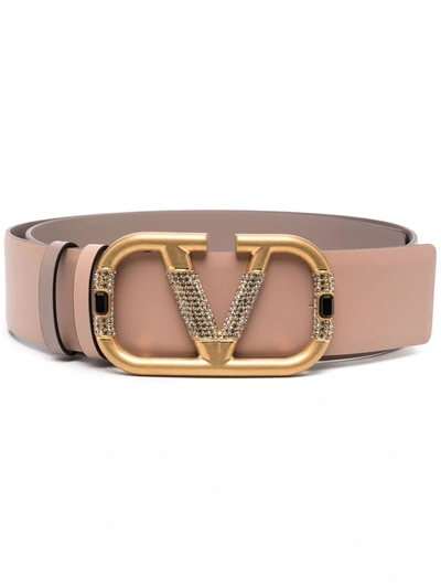 Valentino Garavani Crystal-embellished Vlogo Leather Belt In Pink