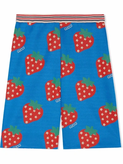 Gucci Kids' Strawberry-print Logo Shorts In Blue