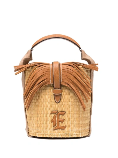 Ermanno Scervino Fringed-leather Raffia Bucket Bag In Neutrals