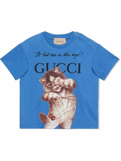 Gucci Babies' 小猫印花短袖t恤 In Blue
