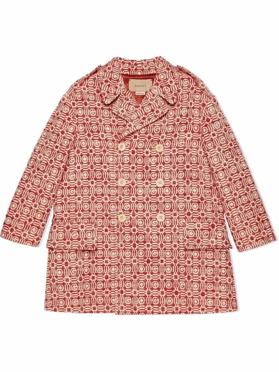 Gucci Kids' Geometric-jacquard Double-breasted Coat In Red
