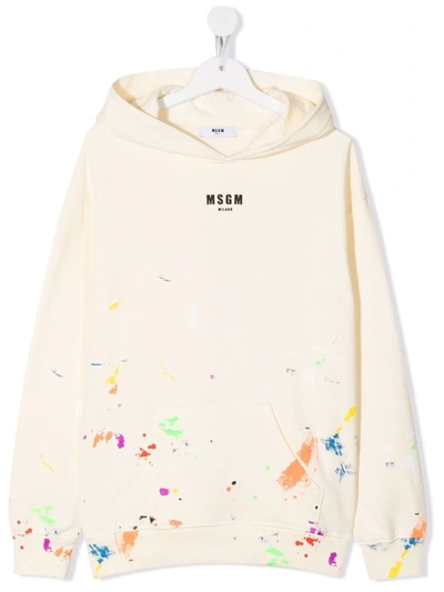 Msgm Kids Cream Hoodie With Micro Logo And Colour Spots In Panna