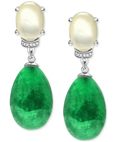 Macy's Dyed Green Jade, Mother-of-pearl, & White Zircon (1/20 Ct. T.w.) Drop Earrings In Sterling Silver