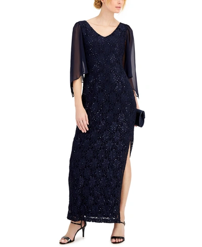 Connected Petite Sequin Lace Gown In Navy