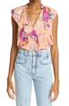 Isabel Marant Rishane Floral Print Ruffle Stretch Silk Blouse In Papaya