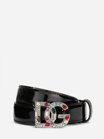 Dolce & Gabbana Patent Leather Belt With Crystal-detailed Dg Logo In Black