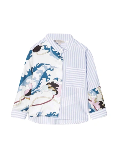 Emilio Pucci Babies' White Shirt With Multicolor Insert In Bianco/celeste