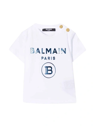 Balmain White Baby T-shirt With Blue Print In Bianco/azzurro