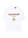 BALMAIN WHITE T-SHIRT WITH GOLD PRINT