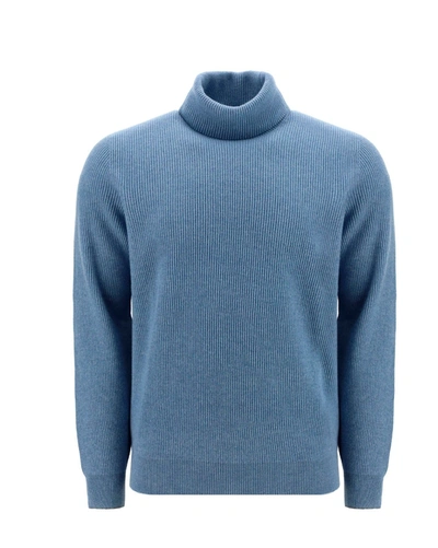 Brunello Cucinelli Turtleneck Ribbed Sweater In Blue