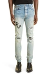 Amiri Skinny-fit Appliquéd Panelled Distressed Jeans In Blue
