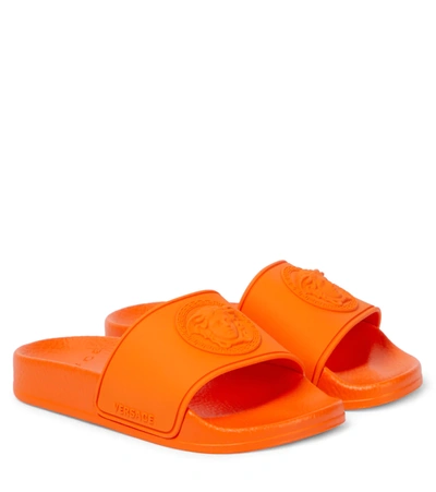 Versace Kids' Medusa Head-motif Sliders In Neon Orange