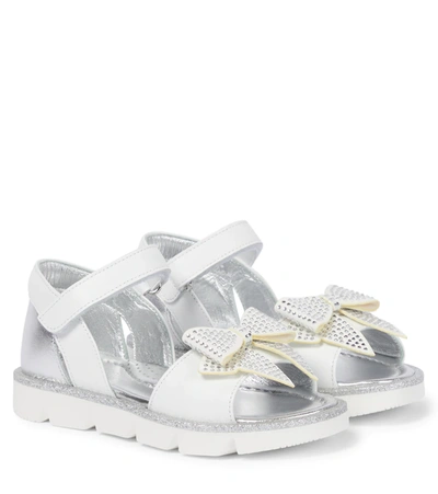 Monnalisa Kids' Bow-embellished Leather Sandals In Panna