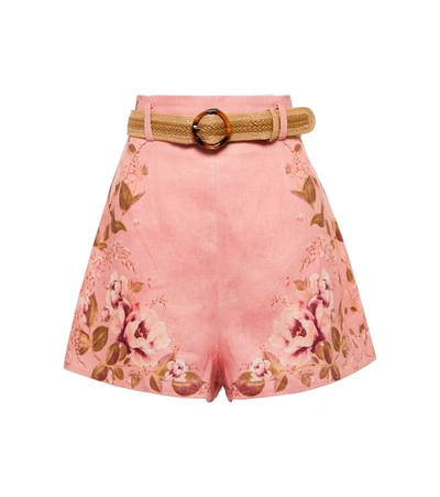 Zimmermann Rosa Belted Floral-print Linen Shorts In Pink