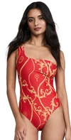 Ganni Red Baroque-print One-shoulder Swimsuit In High Risk Red