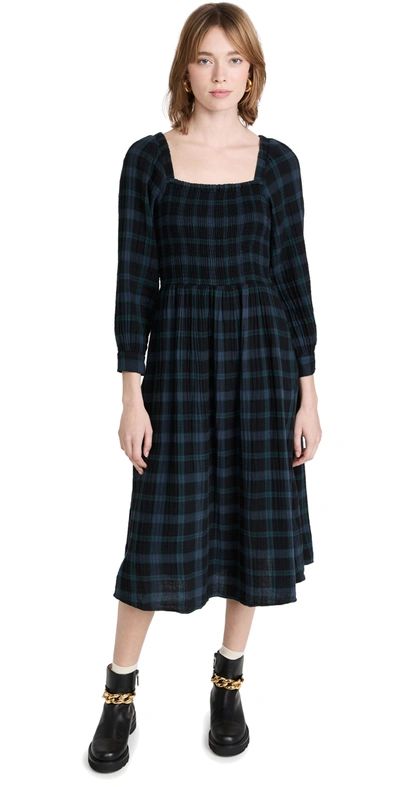 Madewell Lucie Livonia Plaid Long Sleeve Smocked Lightspun Cotton Gauze Midi Dress In Dark Baltic
