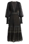 Tadashi Shoji Lace Pintuck Long Sleeve Midi Cocktail Dress In Black/ Nude