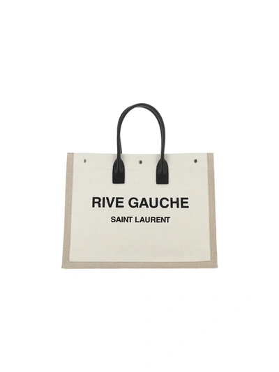 Saint Laurent Logo Printed Tote Bag In Beige